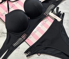 Victorias Secret Swim Bombshell +2 cup Push-Up Longline Strappy Brazilian Black