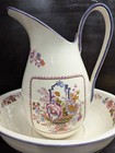 Italian Pitcher Antique 12” Striped Wash Basin White Floral Multicolor — photo 2
