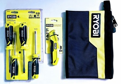 Ryobi 4 PC Screwdriver Set Retractable Utility Knife & 12'' Zipper Storage  Pouch