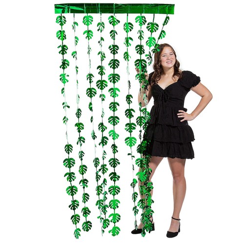 Bright Green Tropical Leaves Holographic Fringe Curtain, 38" x 78" - Picture 1 of 2