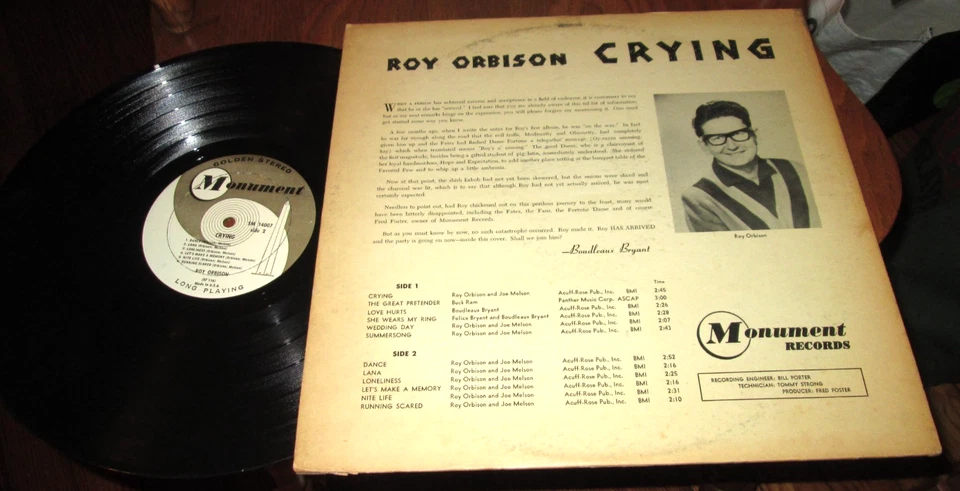 ROY ORBISON CRYING LP NM/EX- US MONUMENT STEREO VINYL 1962 - Image 2 of 4