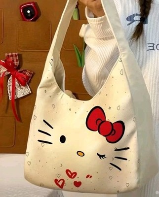 Hello Kitty Durable Large White Canvas Bag, Snap Closure, Inside Pocket 