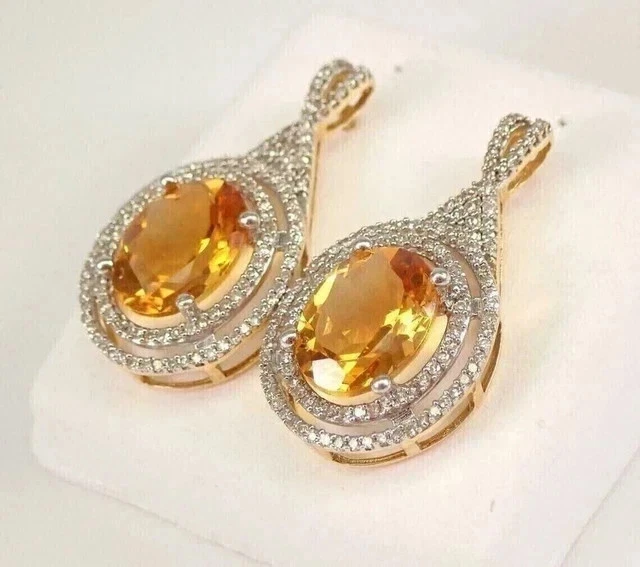 Pendientes colgantes/gotas de citrino de corte ovalado de 3,50 quilates enchapados en oro amarillo de 14 quilates Foto 2 de 4