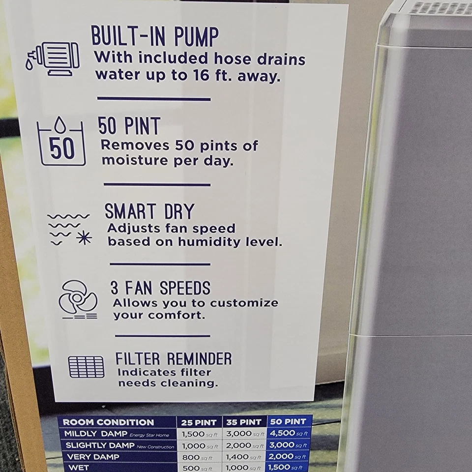 GE 4500 sf 50 Pint Portable Dehumidifier Built-in Pump | APHL50LB | Scratch Dent - Image 4 of 4