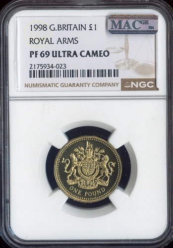 1998 GREAT BRITAIN 1 POUND ROYAL ARMS NGC PF69 ULTRA CAMEO MAC SPOTLESS .