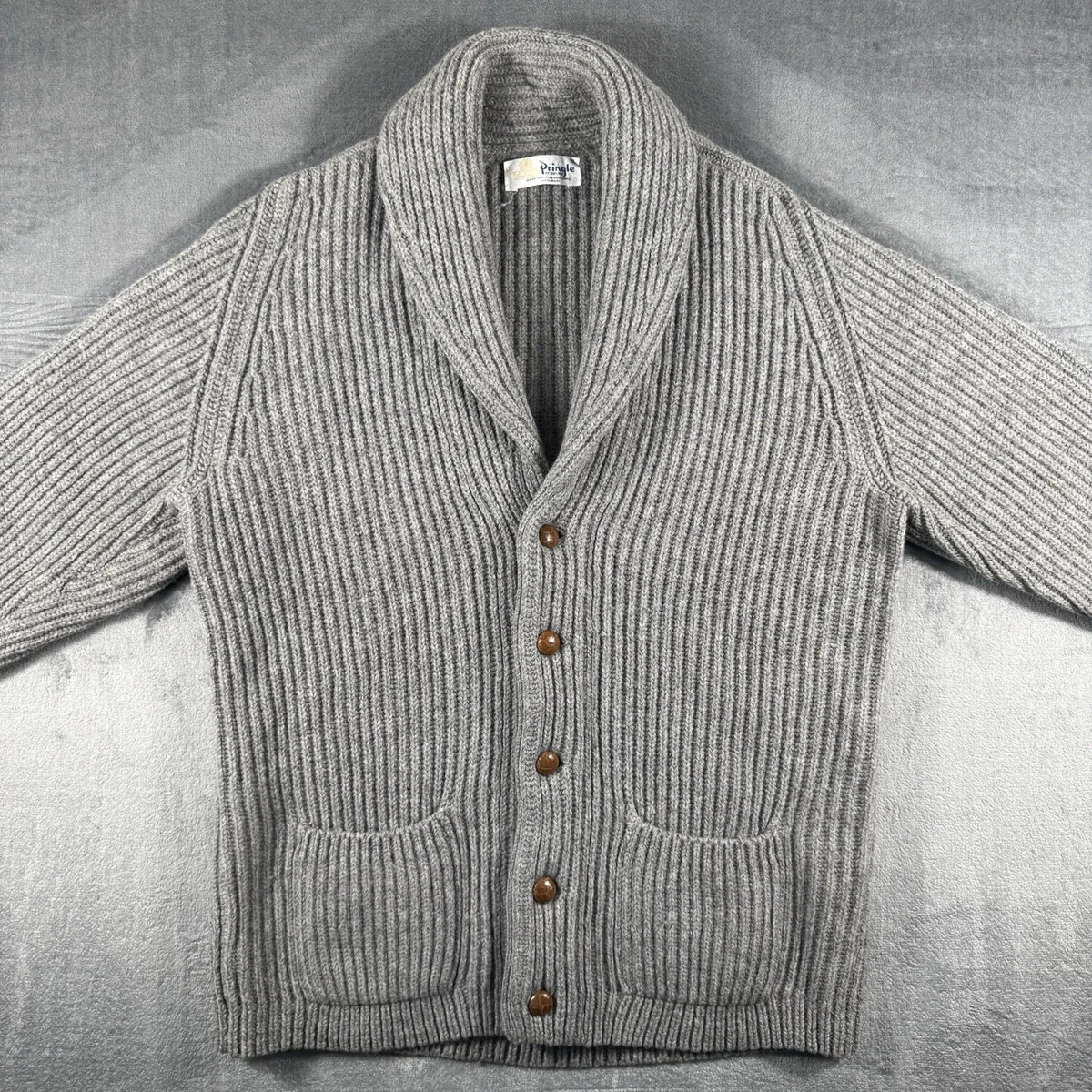 Cárdigan Pringle of Scotland cuello chal 100 % lana gris XL vintage