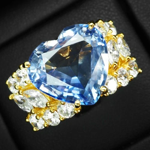 Royal Blue Tanzanite Heart 13.60Ct 925 Sterling Silver 24K Gold Rings Size 7