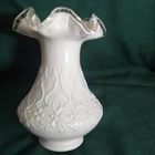 FENTON Milk Glass SILVER CREST 3D SPANISH LACE 8"Tall WHITE Scroll Pattern VASE