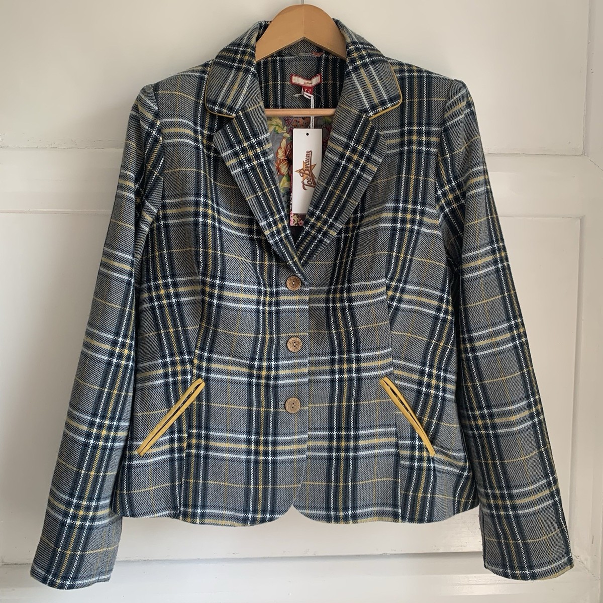 Joe Browns Tartan Check Wool Blazer Jacket Womens 14 Grey Yellow - Main Image