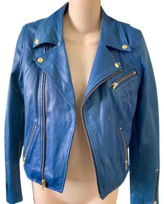 Zayn Leather Women's Genuine Lambskin Leather Blue Biker Jacket Premium Outwear