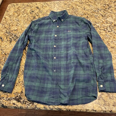 Vineyard Vines Boys Button-Up Whale Shirt Blue Green Plaid Flannel Kids Size L