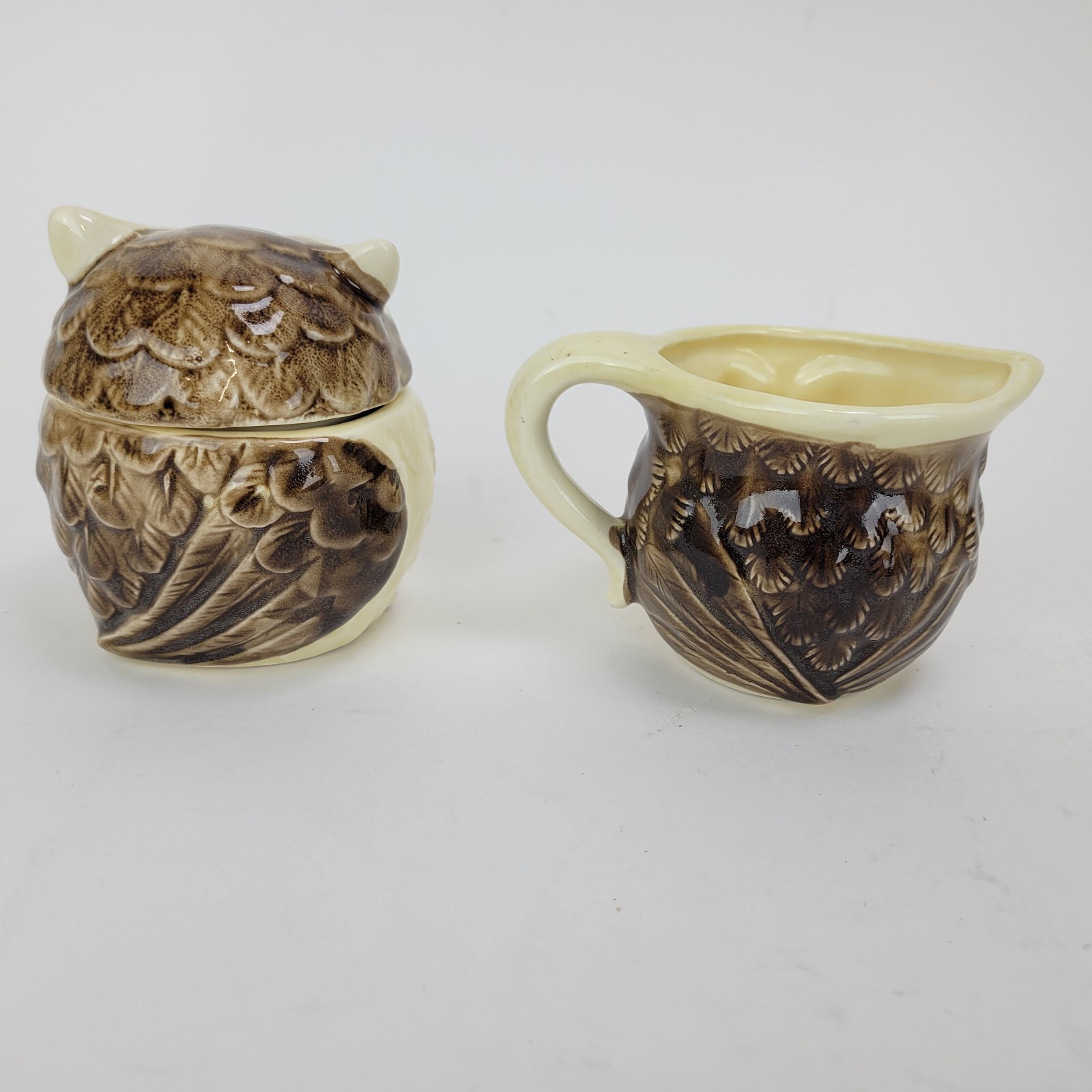 Vintage Enesco Owl Cream and Sugar Set Japan 1970's Ceramic 3 Piece