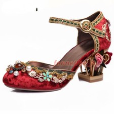 Women Velvet Sandals Vintage Hollow Flower Heel Pumps High Heels Party Shoes