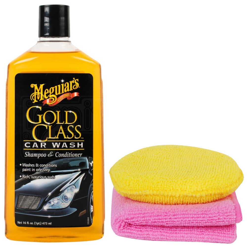 Meguiars Gold Class Car Wash Shampoo Conditioner 473ml & Microfibre Cloth &  Pad