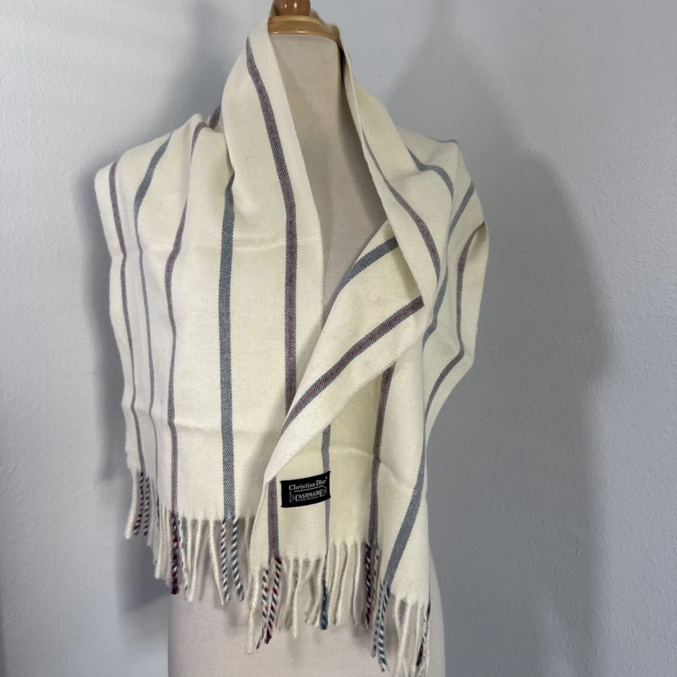 VTG Christian Dior Scarf 11x48 Made in Japan Stripe Acrylic Cashmere Feel Retro - Image 2 of 4