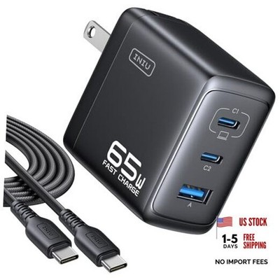 65W USB C Charger Block, 3-Port GaN Fast Charging 65W USB C*2+USB A Black