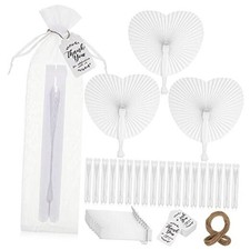 50 Pcs Folding Handheld Fans Paper White Wedding Fans Heart Shaped Folding