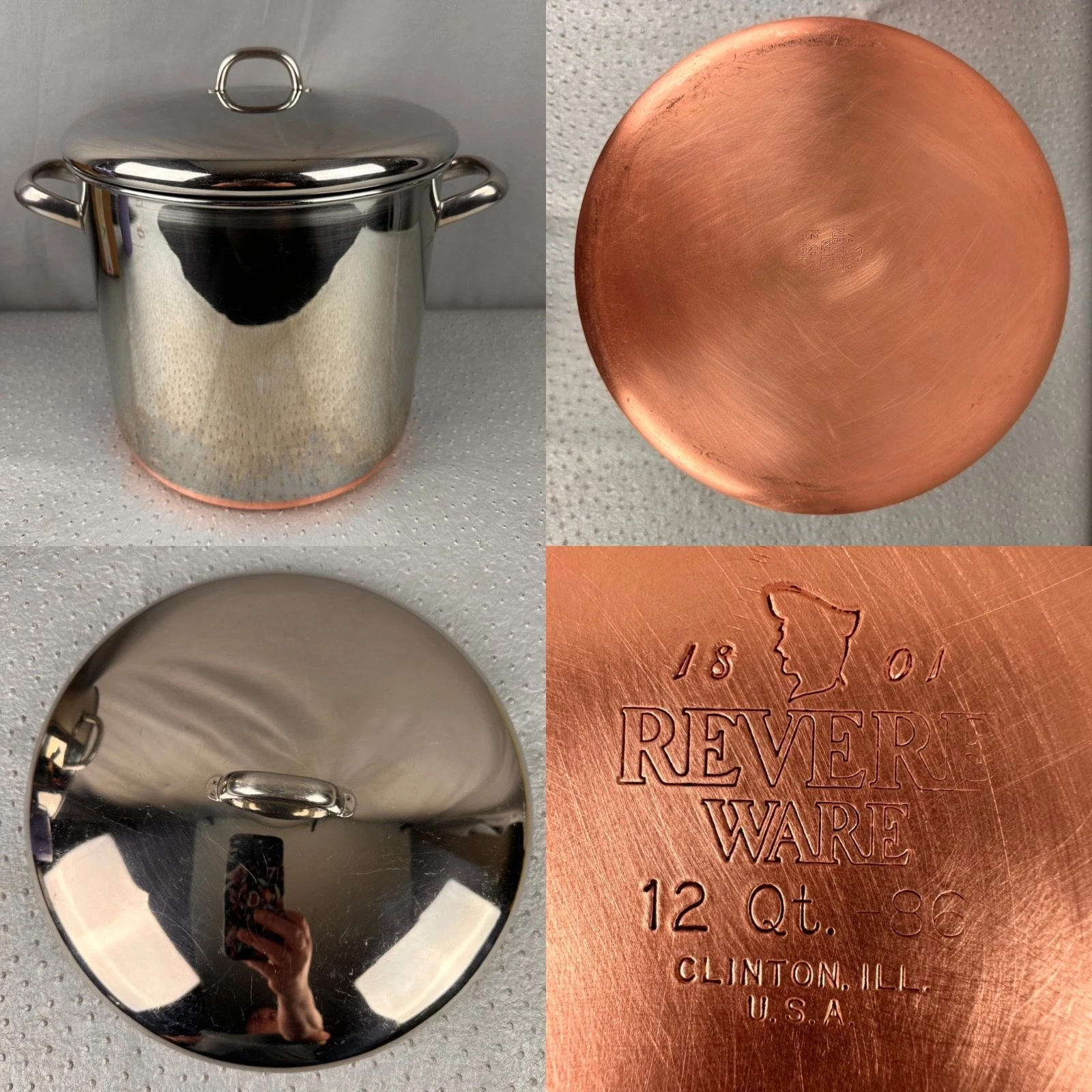 Revere Ware 12 Qt Stock Pot with Lid 1801 Copper Bottom Clinton Illinois USA 86