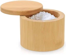 Salt Cellar, Bamboo Salt Container with Lid, Solid Salt Box Holder with 360° Swi