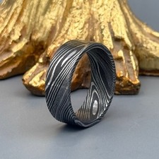 Damascus Steel Ring: Hand-Forged Men  s Wedding Band, Matte Patterned Steel Ring