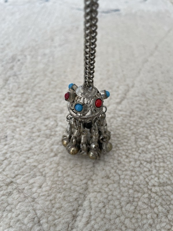 Vintage Afghan Middle Eastern Necklace Pendant Bells Coral Turq Silver Tone