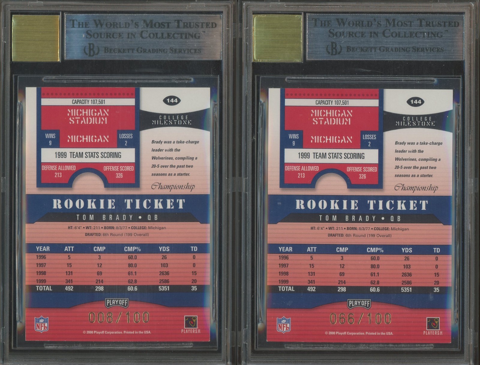 Lot (2) 2000 Contenders Championship Ticket TOM BRADY RC /100 BGS 9 AUTO 10 view 2
