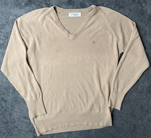 Christian Dior Monsieur, Vintage Christian Dior Monsieur Oatmeal V-Neck Sweater Made in USA Orlon Large