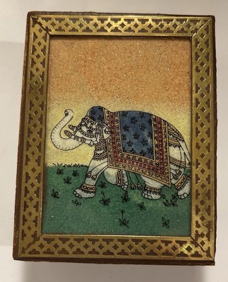 Handcrafted Wooden Box W/Elephant-Reverse Painted On Glass W/Brass Trim
