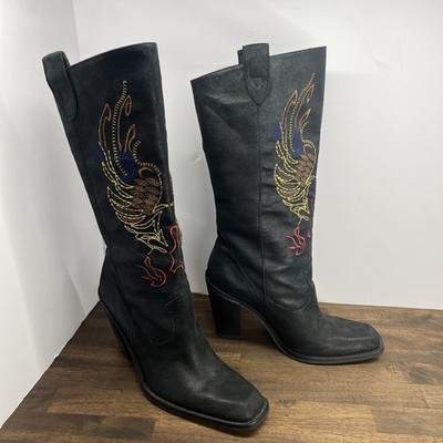 Gianni Bini, Black Embroidered Western Boots Suede, Women s Size 9