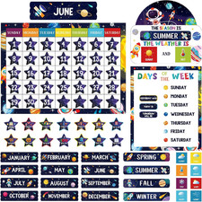 169 Pcs Space Themed Classroom Calendar Bulletin Board Set, Calendar Seasons Wea