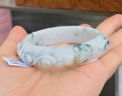 Certified Natural Burma Grade A Green Floating Lotus Carved Jade Jadeite Bangle.