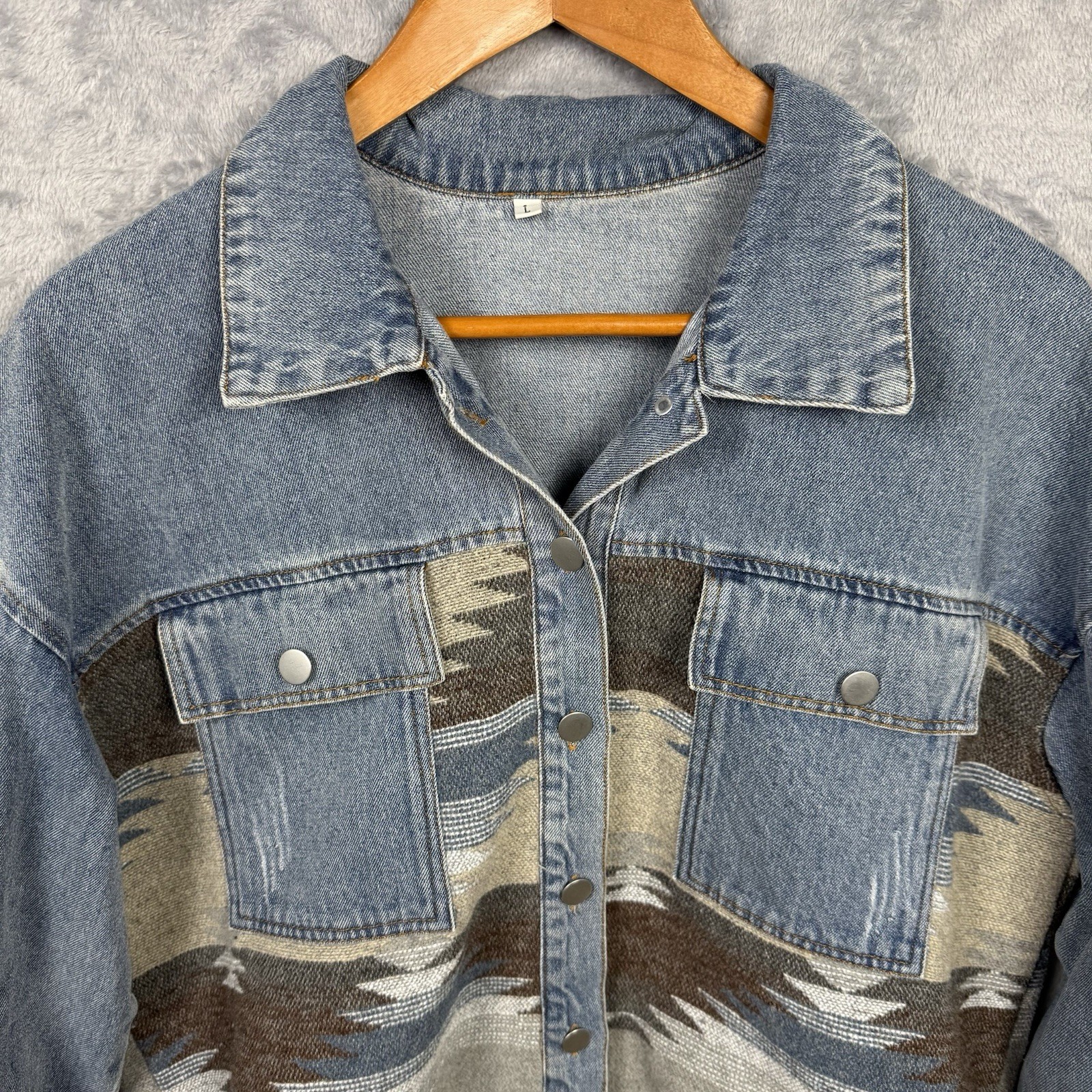 Denim Aztec Button Up Jacket Large Shacket Jean R… - image 2