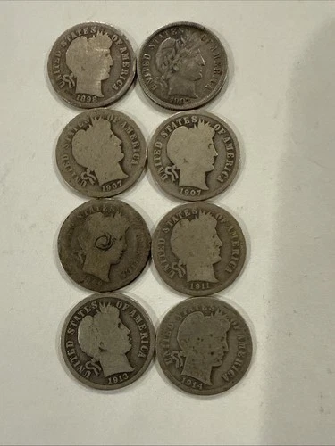 Lot Of 8 Barber Dimes Silver Coins Random Dates And Mints Barber Dime