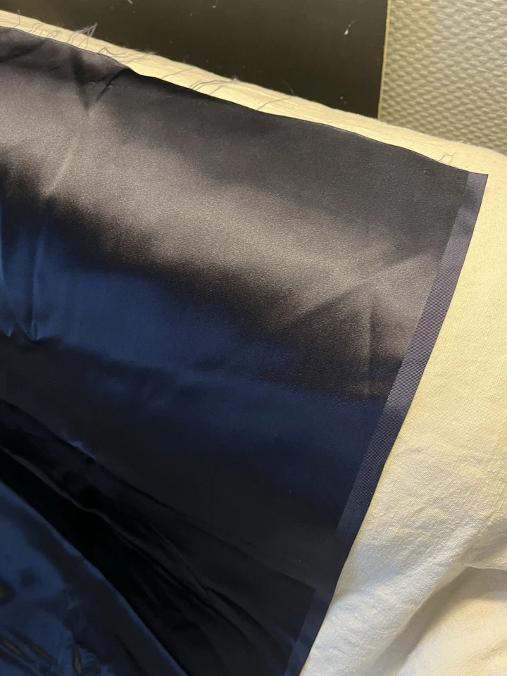 Tissu Ancien Gd Coupon De Satin De Soie Bleu Nuit Antique Night Blue Silk Satin - Photo 2/4