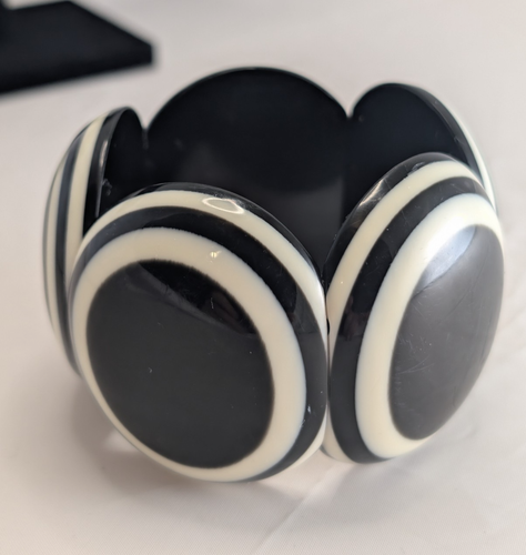 Vintage Marion Godart Bangle - Black & White Resin Stretch Bracelet - Unsigned