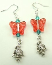 Parrots with Red Butterflies Earrings Green Crystal Handmade Jewelry