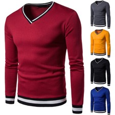 Mens V Neck Soft Touch Knitted Long Sleeve Jumper Sweater Office Pullover Tops