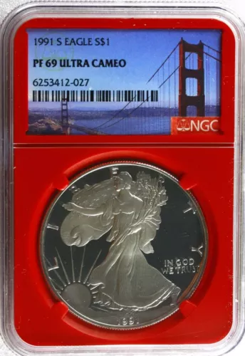 1991 S $1 American Silver Eagle 1oz NGC PF 69 Ultra Cameo - Red Core
