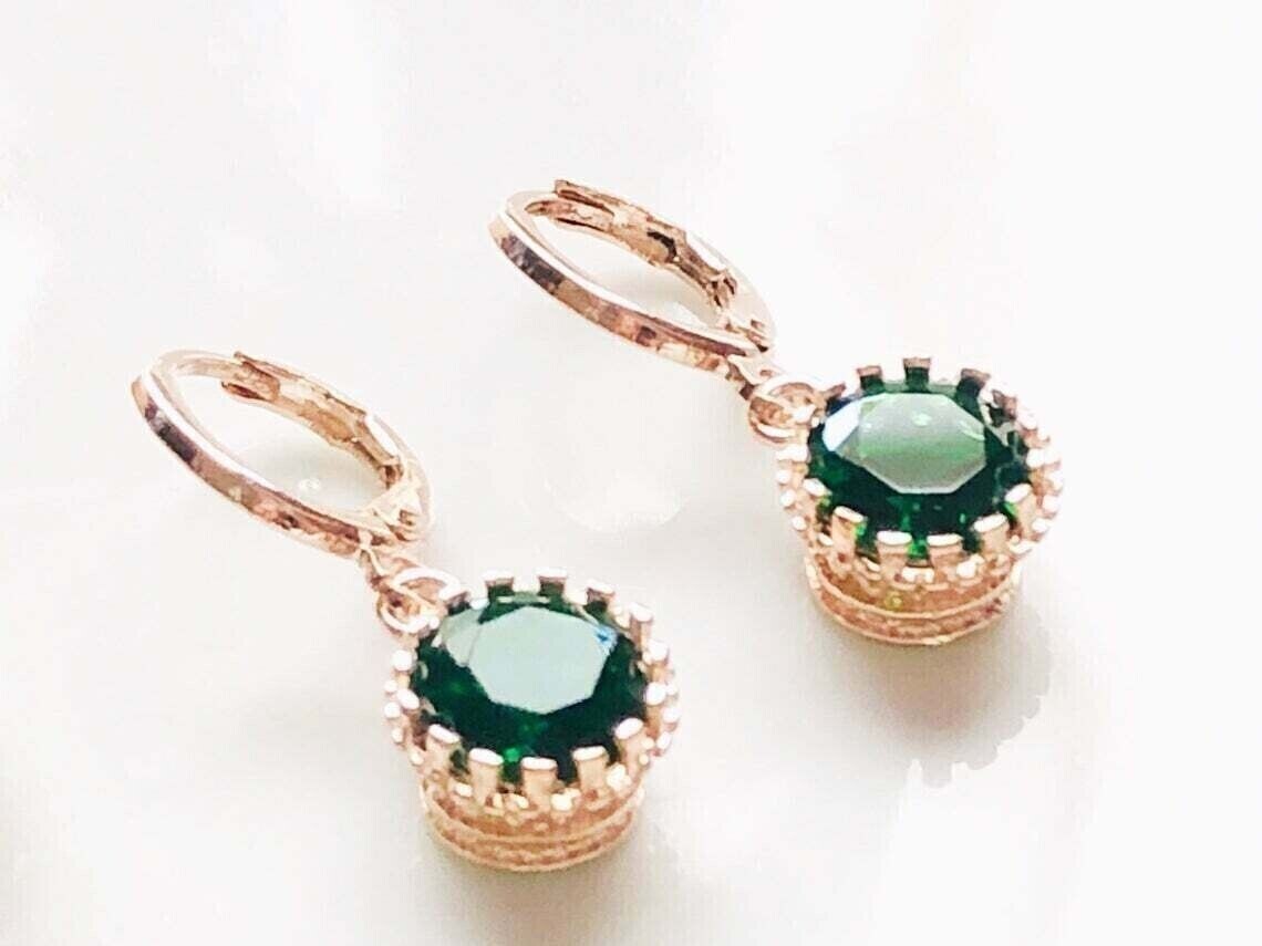 Round Cut Simulated Emerald Drop Earrings in 14k Gold Plated