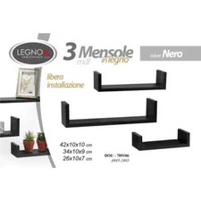 SET 3 MENSOLE DA PARETE DESIGN MODERNO NERO SCAFFALI LEGNO KIT MONTAGGIO