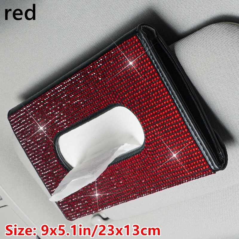 1x Rhinestone Leather Car Tissue Box Holder Napkin Case Sun Visor Accessory Chic