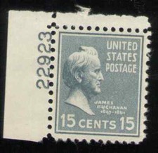 US. 820. 15c. James Buchanan, Presidential. Single Pl# 22923 UL. MNH. 1938