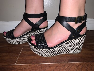 Aldo Black White Fabric Strappy Wedge Sandal Open Toe Shoe Size 