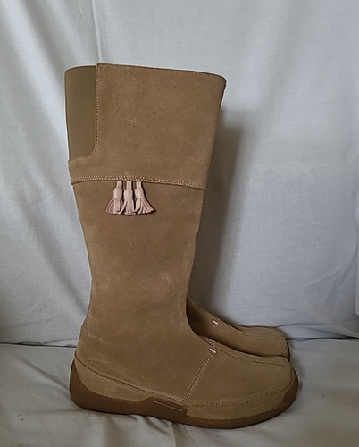 Clarks Beige Suede Calf Length Boots UK Size 4.5 Elasticated Calf VGC - Picture 3 of 15