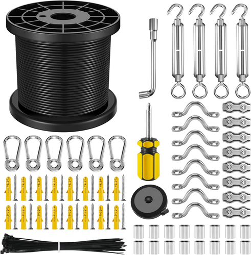String Light Hanging Kit with 164 Ft Vinyl Coated 304 Stainless Steel Cable, ...