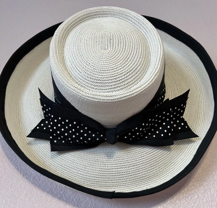 Vintage Kokin New York Black & White Straw Hat with Polka Dot Large Bow - Image 4 of 4