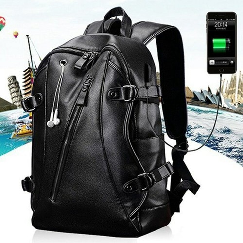 Waterproof Leather Backpack Men Travel Hiking Laptop School Bag