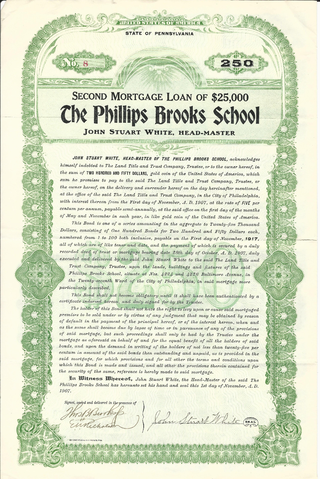 Pennsylvania 1907 The Phillips Brooks School Bond Stock Certificate Philadelphi