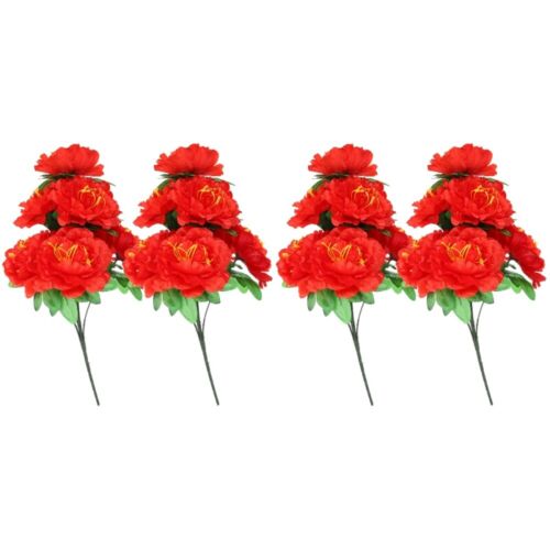 4 Pcs Red Silk Flower Artificial Peony Dining Table Decor Wedding