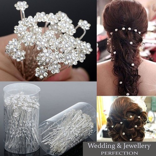 Flower Wedding Hair Pins Bridesmaid Crystal Diamante Pearls Bridal Clips Grips - Afbeelding 1 van 11